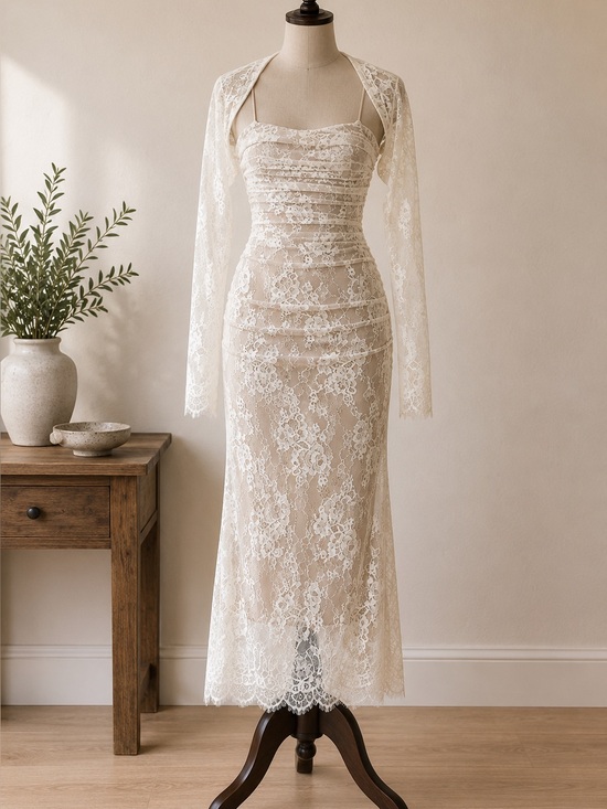 SHEIN Dresses & Skirts - Ivory Floral Lace Ruched Midi Dress with Matching Lace Bolero NWOT Size Medium